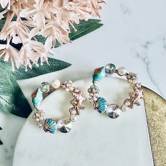 Jewelry - 2/$30🌵 Ocean Seashell Conch Faux Pearl Mermaid Earrings Circle Starfish Shell